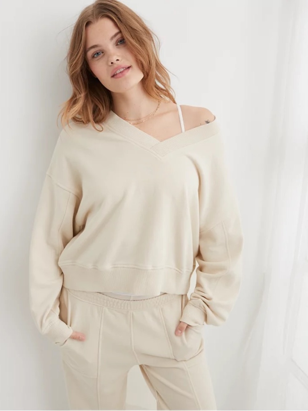 aerie American Eagle Cream V-Neck Oversized ‘House Party’ Sweatshirt
